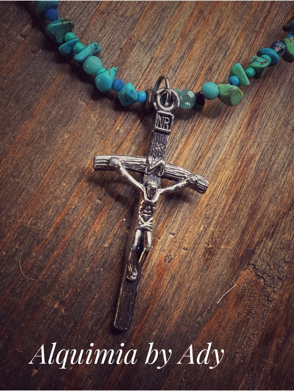 Turquoise Beaded Necklace with Silver Crucifix Pendant